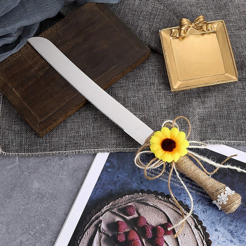 TANG SONG Rustic Wedding Cake Knife and Serving Set with Sunflower Burlap Lace Wedding Cake Knife (Set of 2) - Image 3